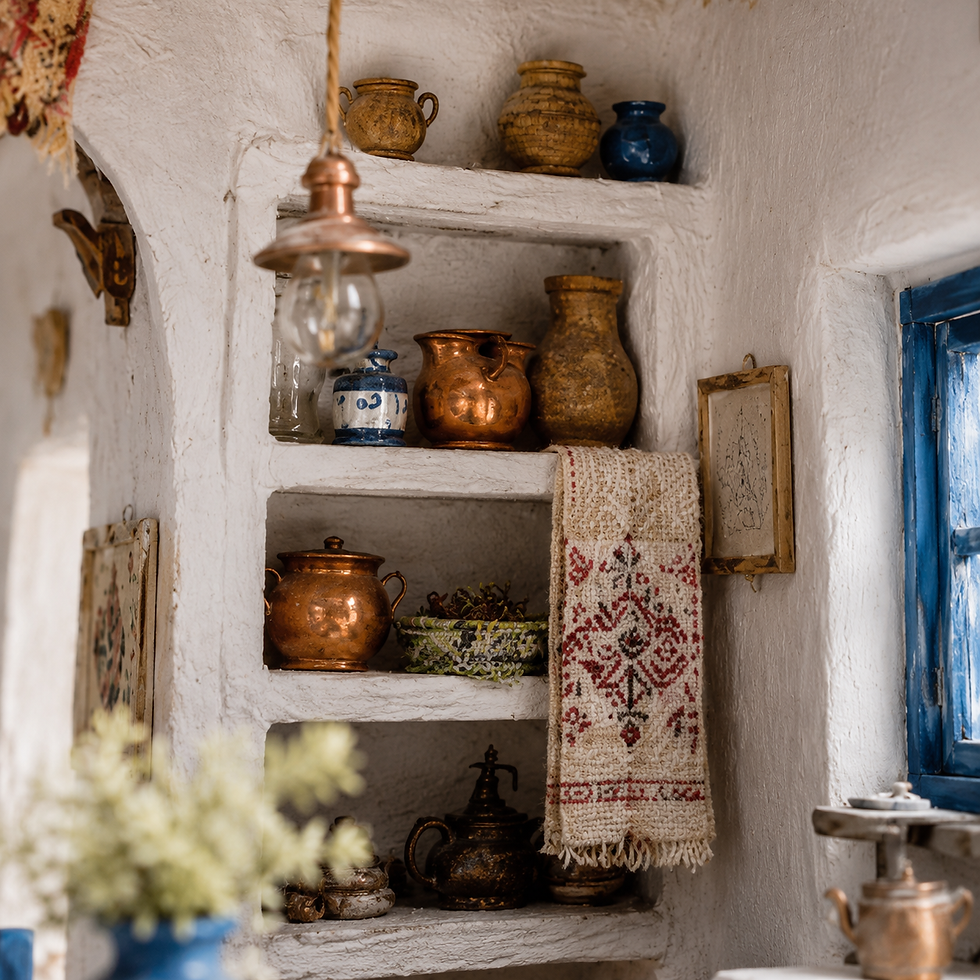 Rustic white niche shelves with copper and ceramic pots, hanging patterned cloth, blue window, and a warm exposed bulb.