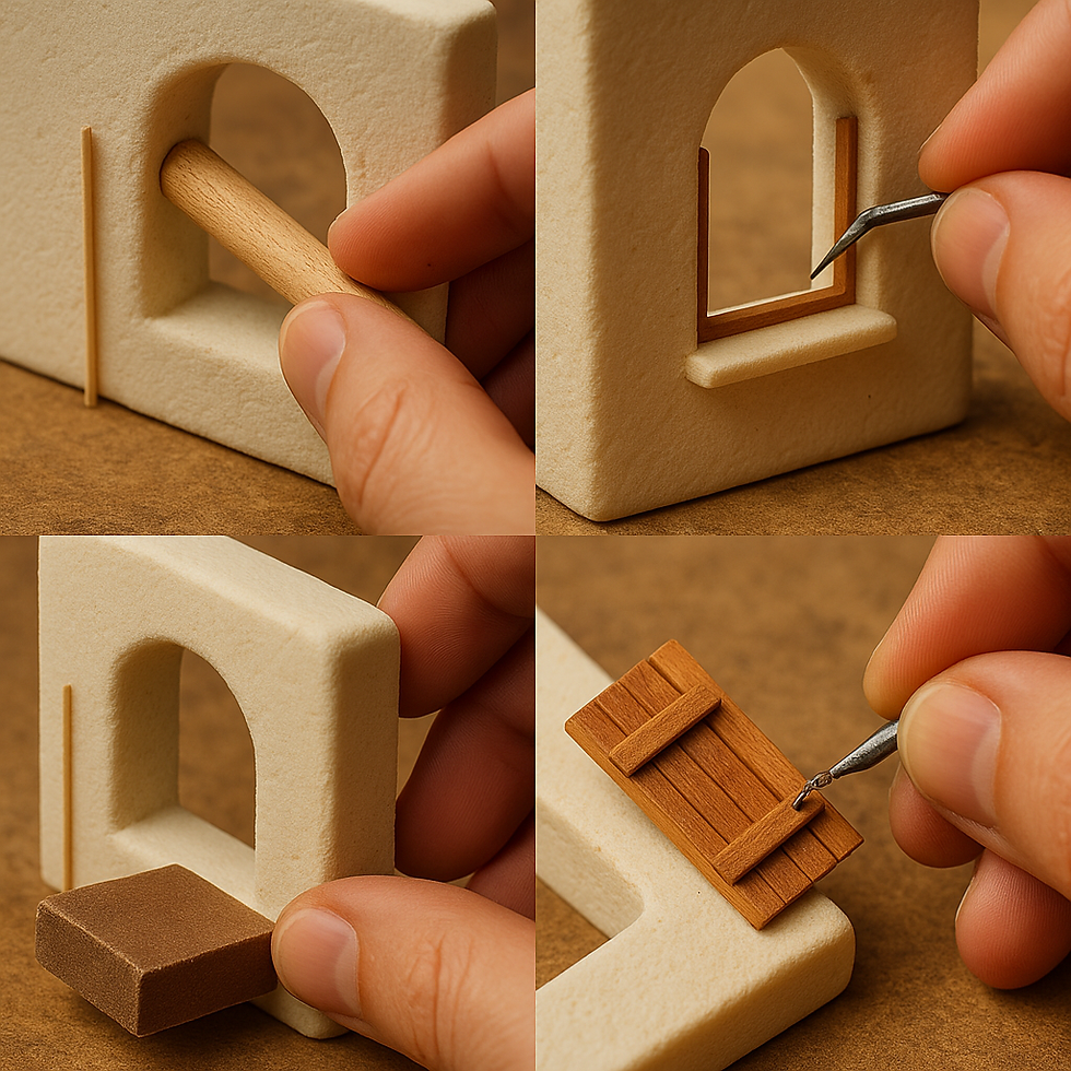 Four images show hands assembling miniature wooden doors and windows in a beige frame. The background is a wood-textured surface.