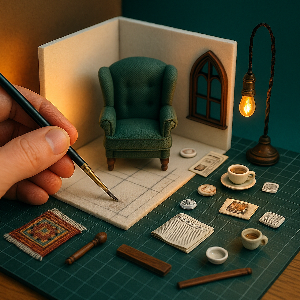 Hand decorates a miniature room with a green armchair, vintage lamp, tiny rug, and tea set on a grid mat. Warm, cozy ambiance.