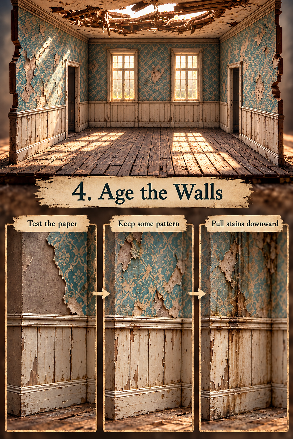 Three stages of adding torn turquoise wallpaper, cream paneling, and subtle weathering.