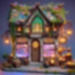 Whimsical potion shop with colorful bottles glowing under arched stained glass windows. Lush green roof, cobblestone path, magical ambiance.