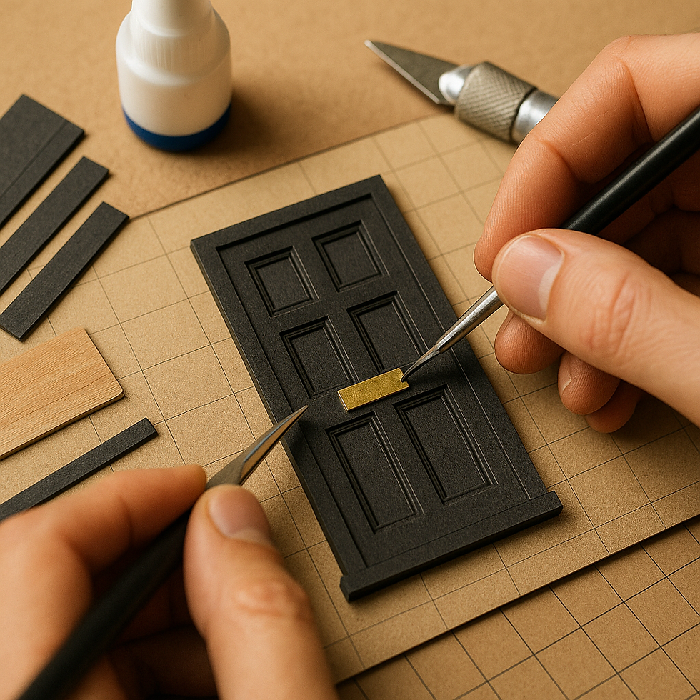 Hands crafting a miniature black door on grid paper with tools and glue bottle nearby. Close-up of detailed, precise work.