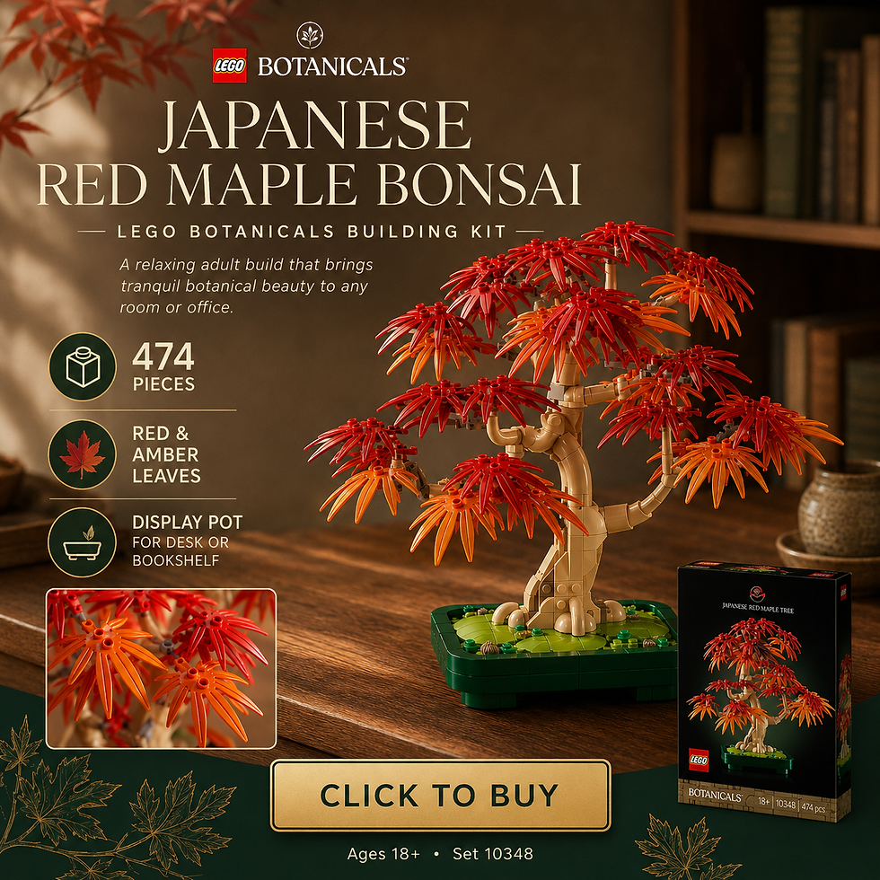 LEGO Japanese Red Maple Bonsai kit with 474 pieces, featuring red and amber leaves. Set on a wooden table with bookshelf in background.