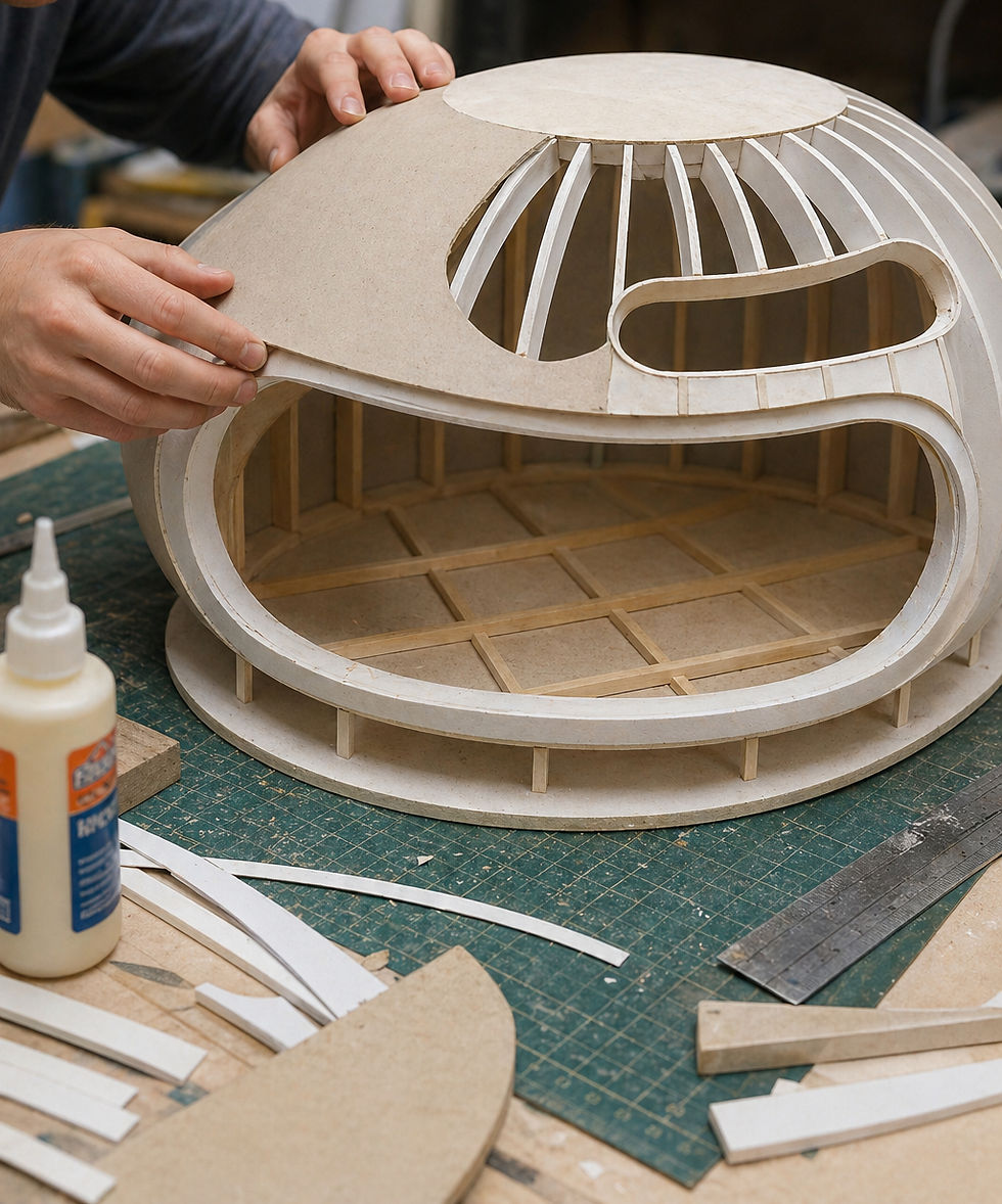 Hands assemble a model structure with cardboard and wooden slats on a workbench. Glue bottle visible. Creative workspace setting.