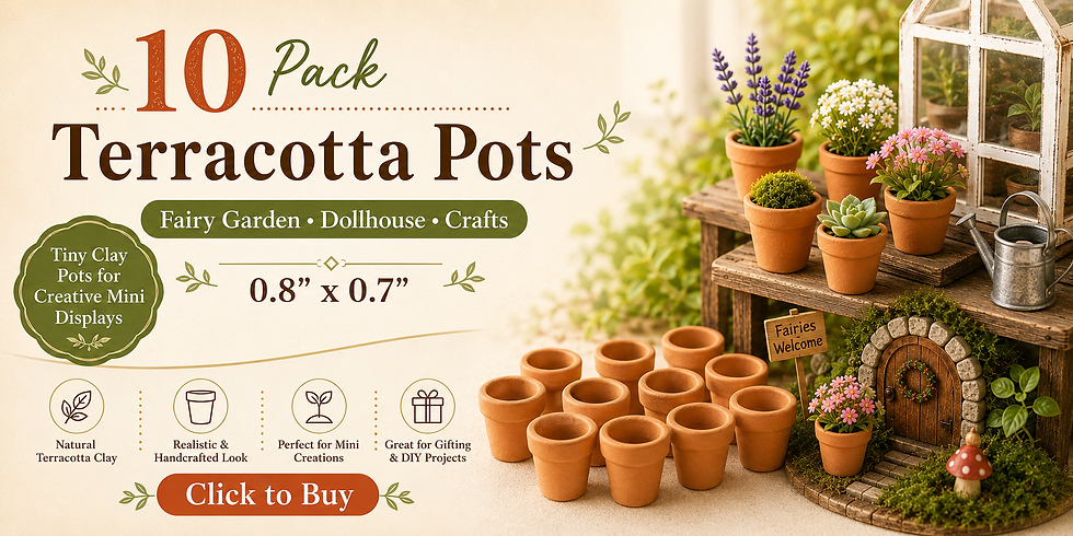 10-pack of mini terracotta pots on a wooden shelf with plants. Text includes "Fairy Garden," "Dollhouse," and "Crafts." Greenery and a tiny door enhance the fairy theme.