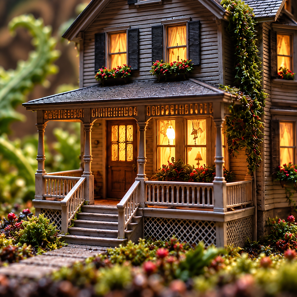 Close-up of the cozy miniature house’s glowing windows, porch and gray siding.
