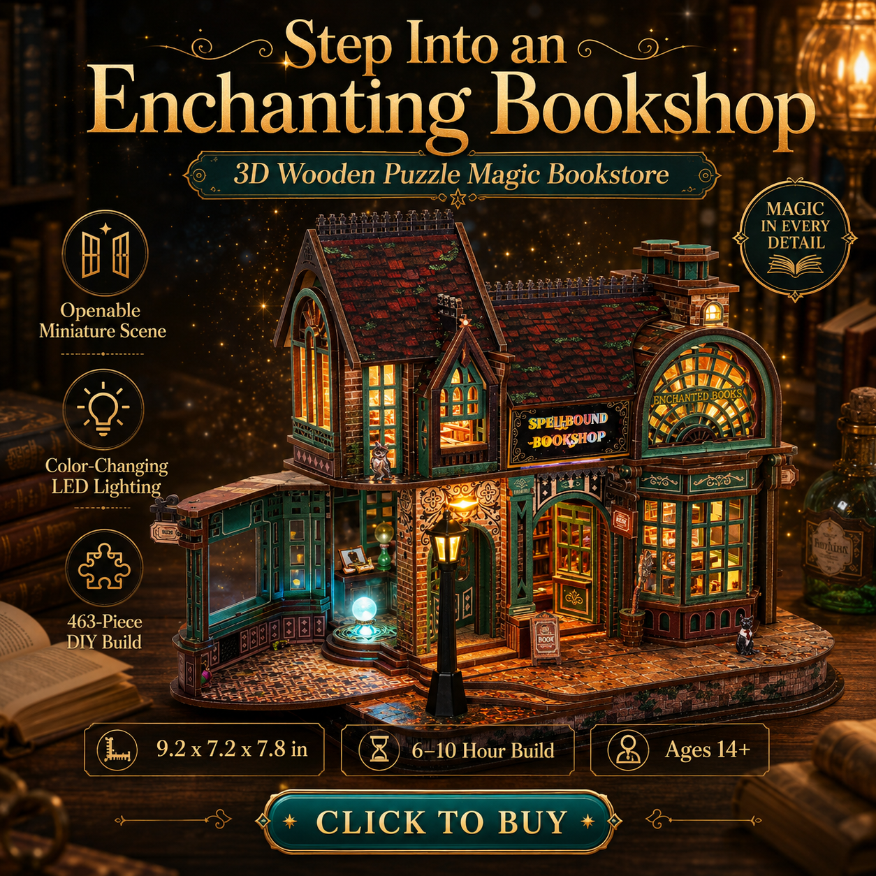 3D Wooden Puzzle Magic Bookstore with LED Lights - DIY Miniature Kit, Magic Book