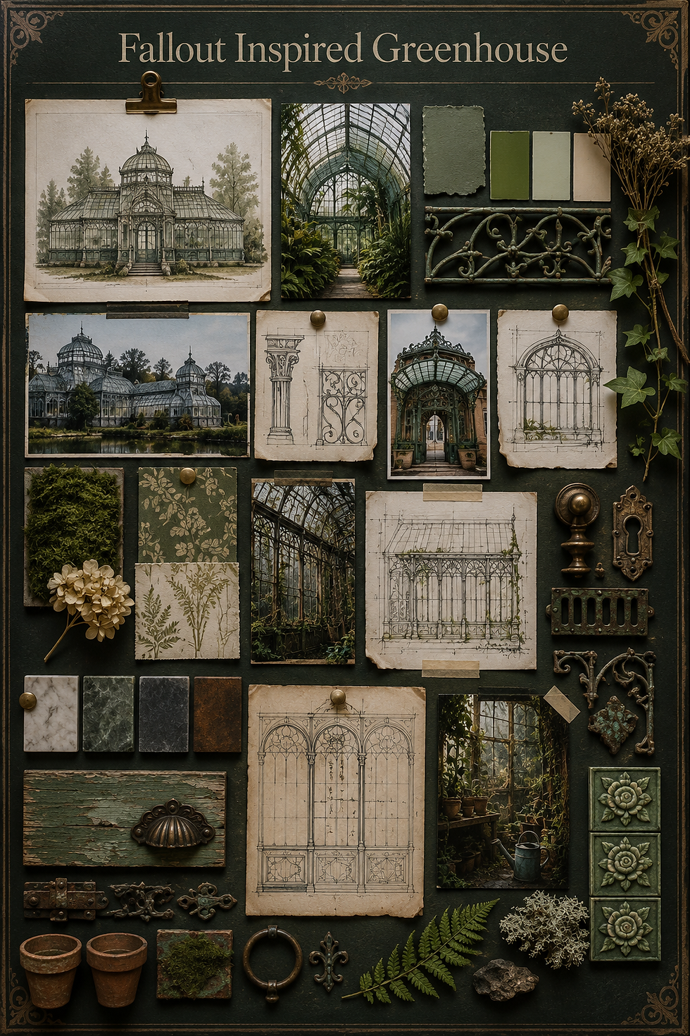 Greenhouse design collage with sketches, photos, and textures on dark background. Includes foliage, antique decor, and labeled "Fallout Inspired Greenhouse".