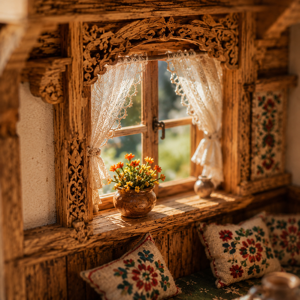 Rustic carved wooden window with lace curtains, a vase of orange flowers, and floral cushions in warm sunlight.