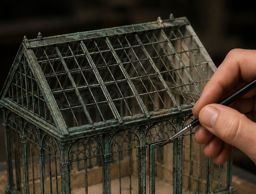 Hand painting a detailed, green scale model of a glasshouse. Paint palette and jars on the wooden table create an artistic atmosphere.
