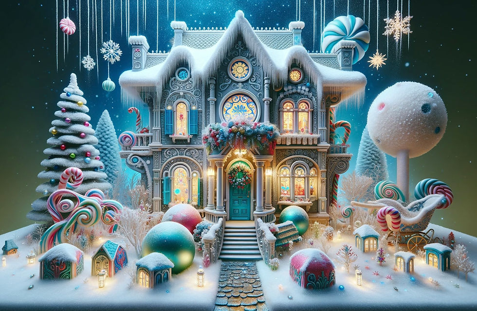 Miniature home decorated for Christmas in a Surrealism style
