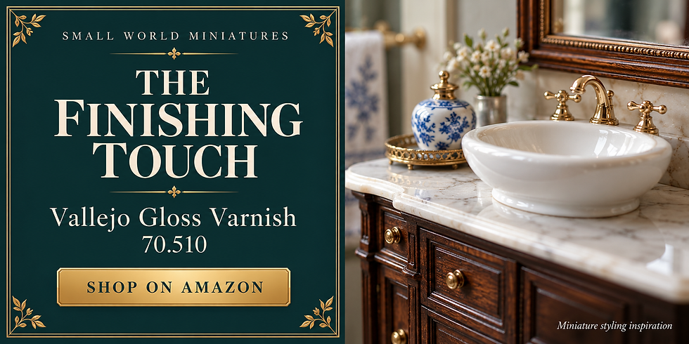 Vallejo Gloss Varnish 70.510 banner with an inspirational miniature washbasin and blue-and-white ceramic scene.