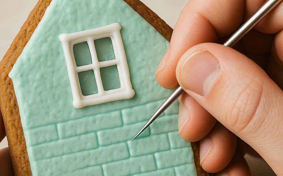 Hands decorate a house-shaped cookie with teal icing. A tool adds brick-like details. White icing forms a window, creating a cozy feel.