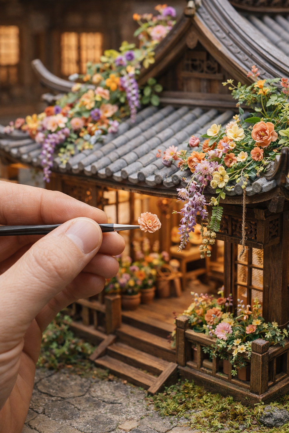 A hand holding tweezers places a small flower on a detailed, miniature wooden house adorned with colorful flowers and a tiled roof.