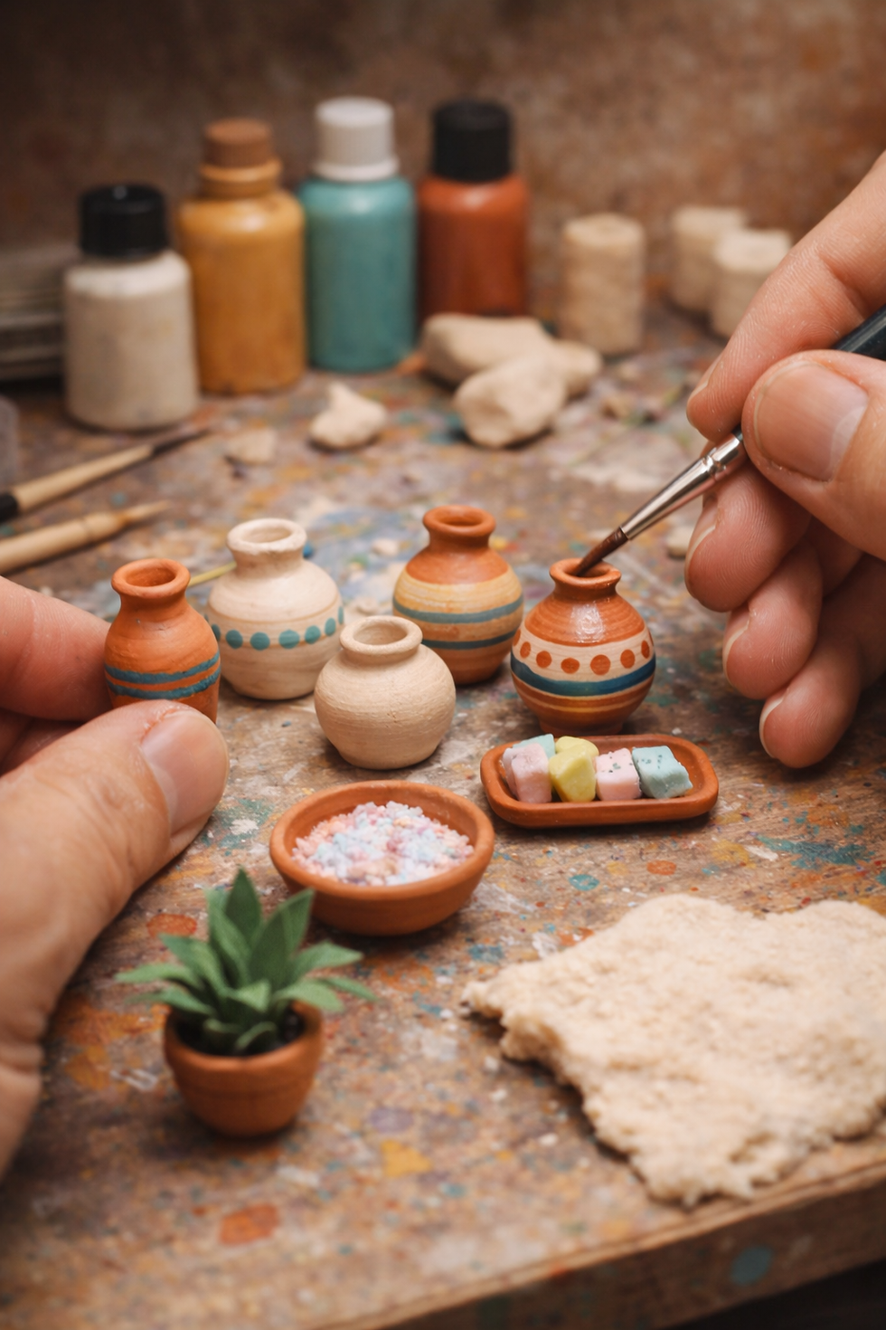 Hands painting small clay pots with a brush on a textured surface. Vivid patterns, colorful powders, and a small plant create a creative mood.