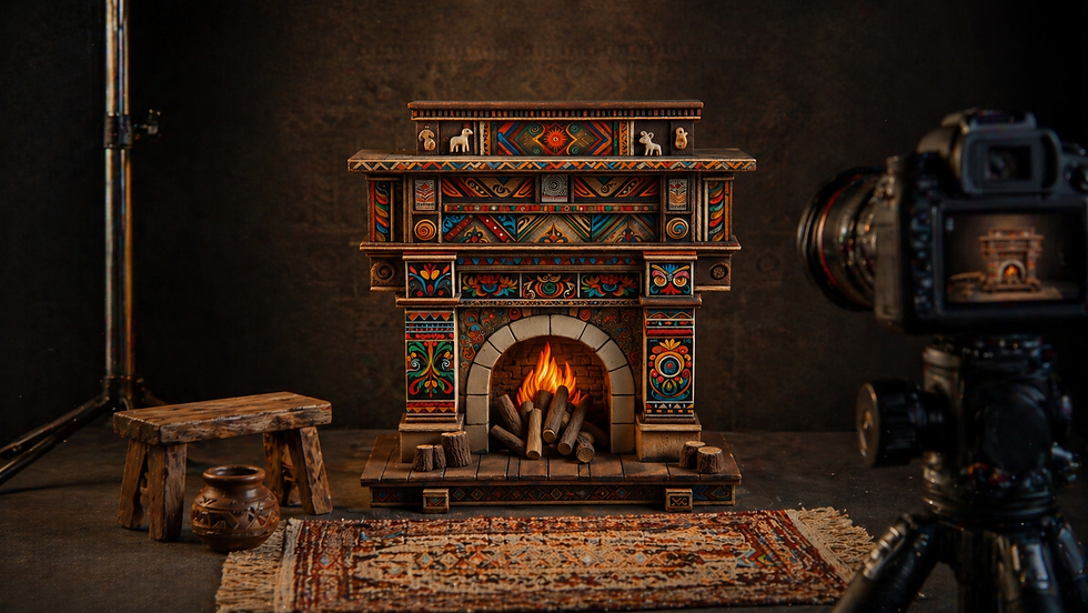 Vibrant miniature fireplace with geometric patterns, lit logs, and animal figures. Wooden bench, pot, and camera on a tripod capture scene.