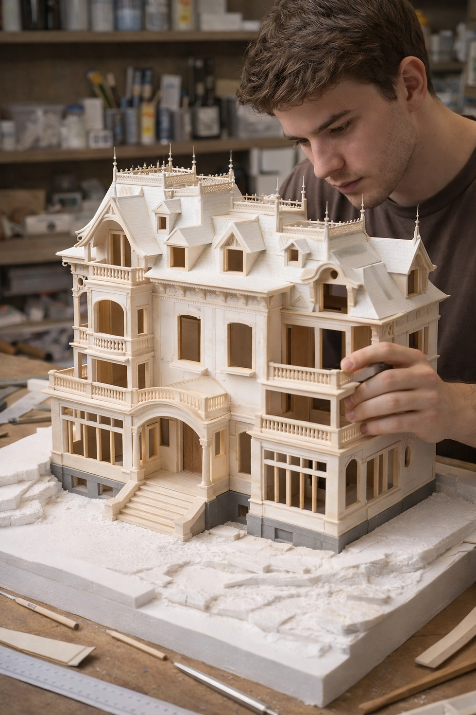 A focused man assembles an intricate wooden model of a Victorian house in a workshop. The setting includes shelves with art supplies.
