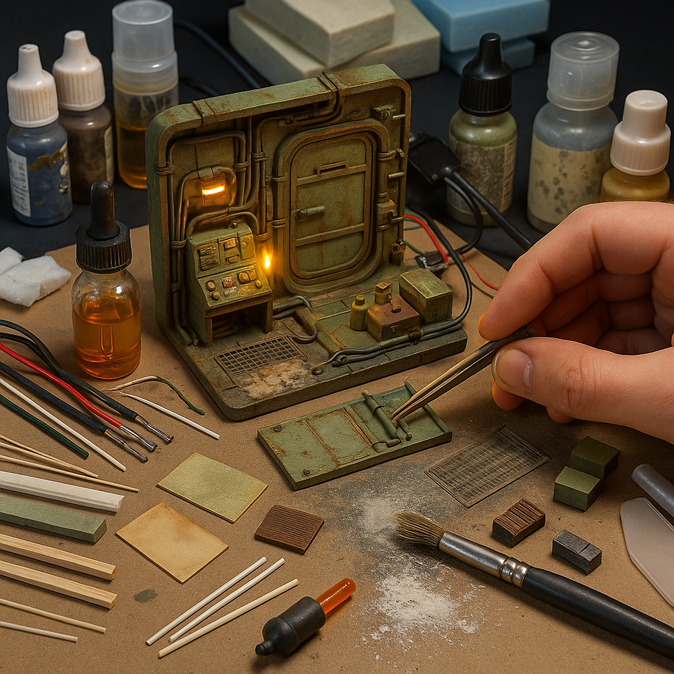 Hand with tweezers works on a detailed miniature model with glowing lights, surrounded by tools and materials on a workshop table.