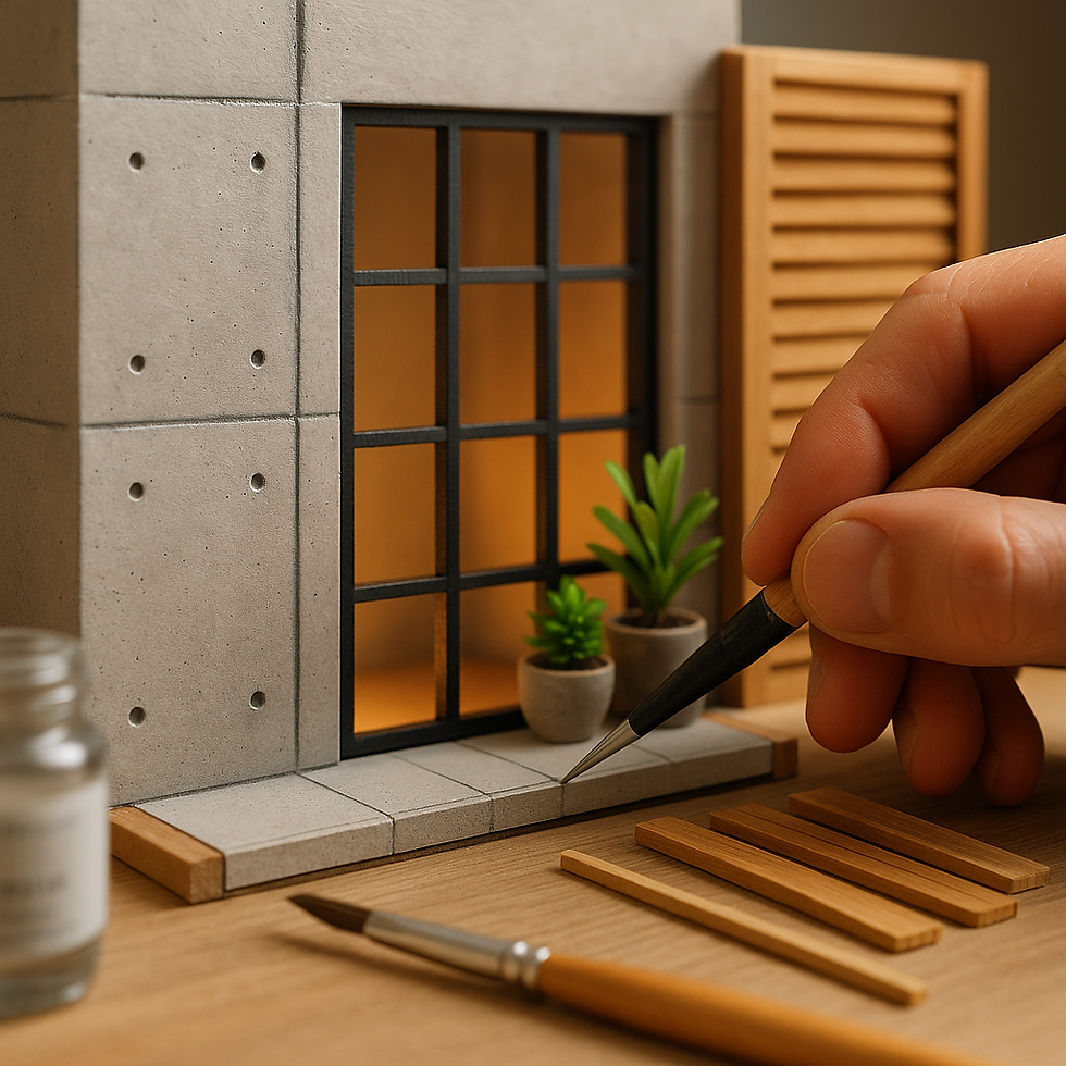 A hand crafts a miniature stone exterior with a pencil, beside potted plants, sticks, and brushes. Warm lighting enhances the detailed scene.