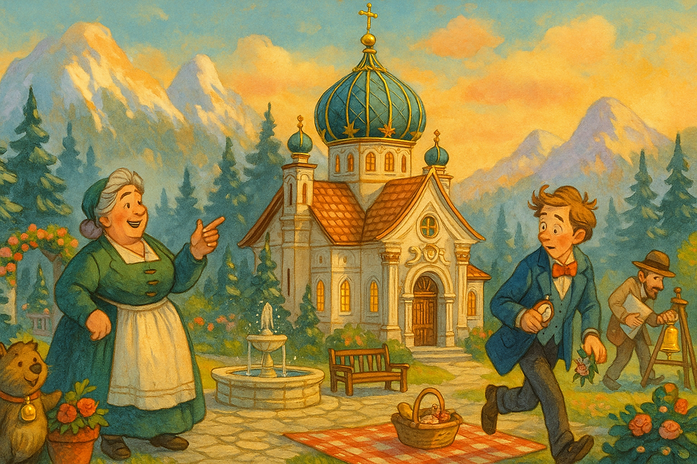 Older woman pointing happily at a man running with a pocket watch. Scenic village with a chapel, fountain, and mountains in the background.