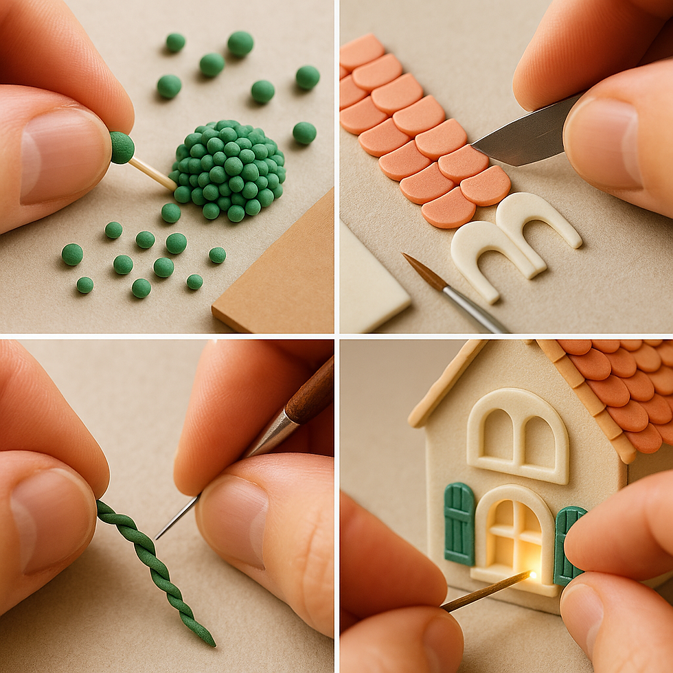 Hands craft a miniature house using clay. Green foliage, a tiled roof, and windows are added. A warm light glows inside.