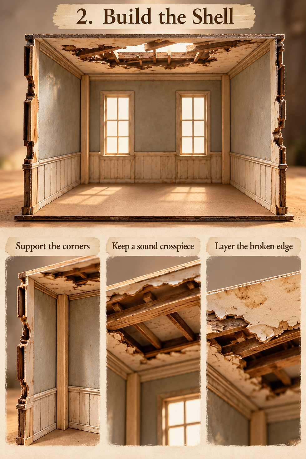 Instructional panels showing a reinforced miniature shell and supported broken-ceiling assembly.