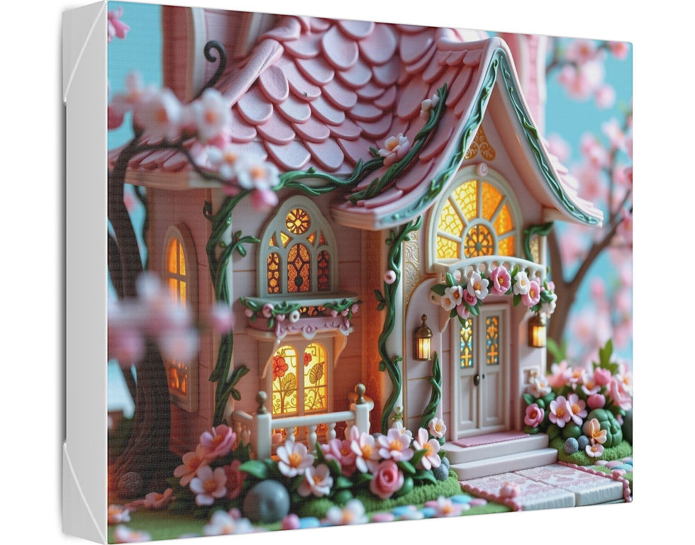 Whimsical house with pink roof and glowing windows, surrounded by lush pink flowers and vines, set against a blue background. Fairy-tale vibe.