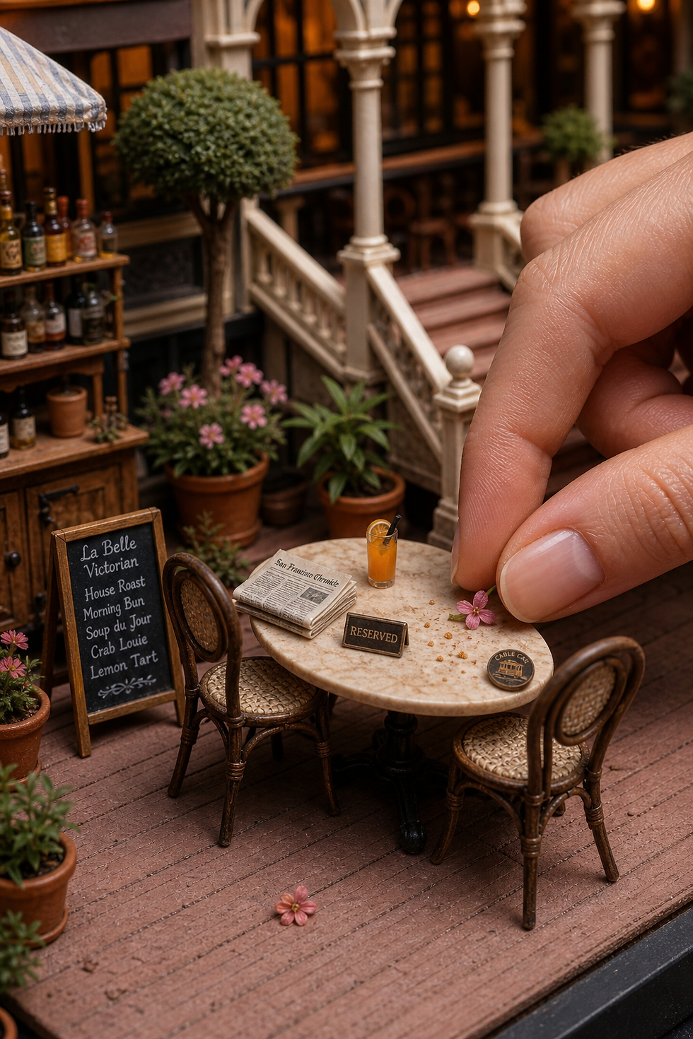 Miniature café scene with a hand placing a pink flower on a reserved table. Includes a lemon drink, newspaper, and chalkboard menu. Cozy vibe.