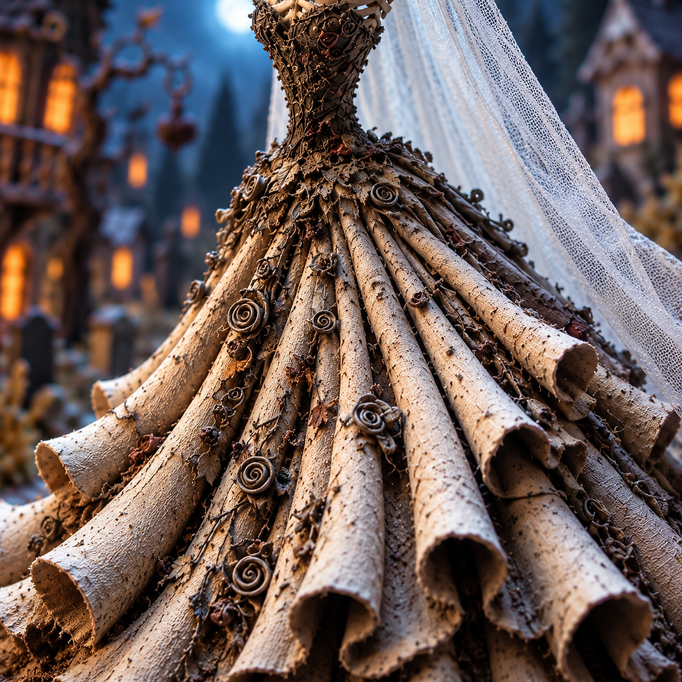 Macro detail of aged ivory gown folds and dark fitted bodice.