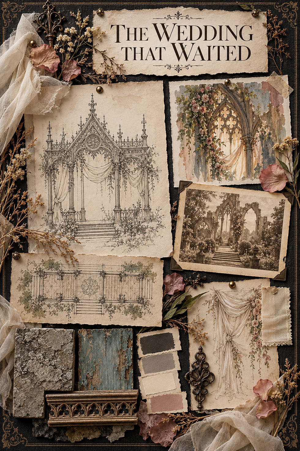 Layered physical wedding-decay concept board with separate Gothic drawings, architectural reference interpretations, ivory textiles, patinated color and stone-like samples.