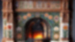Ornate fireplace with floral-patterned tiles and a lit fire, casting a warm glow. Intricate carvings adorn the mantel. Victorian style.