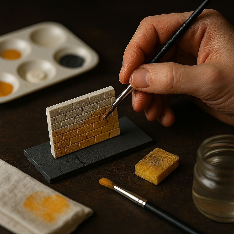 Hand painting a mini brick wall with a brush. Palette, sponge, and jar nearby on a dark surface. Earthy tones create a focused mood.