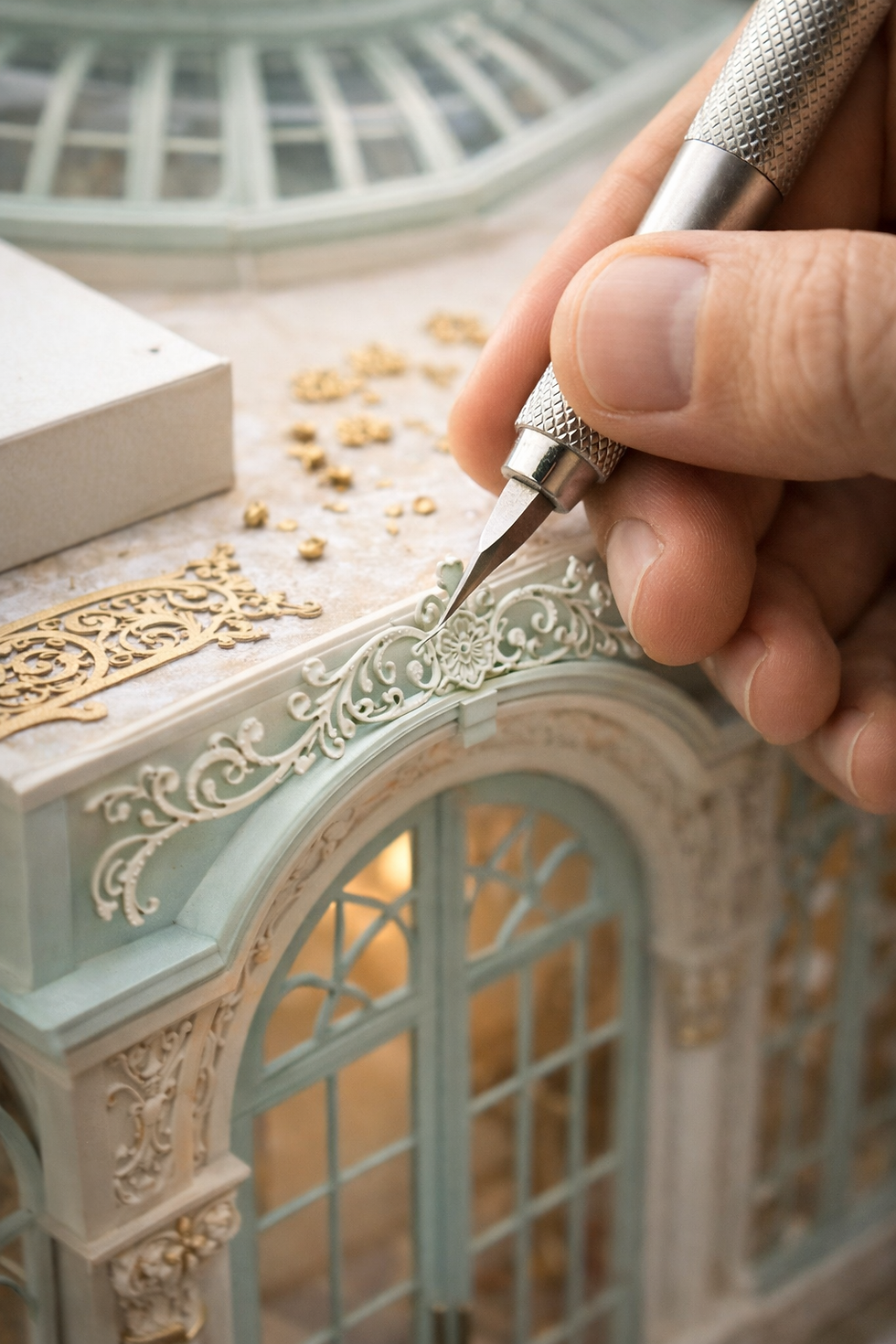Hand carving intricate details on a miniature ornate building with a silver cutting tool. Soft teal and gold accents create an elegant mood.