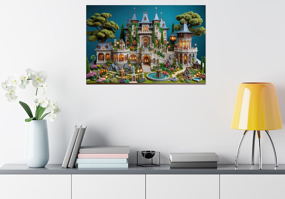 Interior with a white vase of orchids, books, and a yellow lamp on a shelf. A colorful castle-themed painting hangs on a white wall.