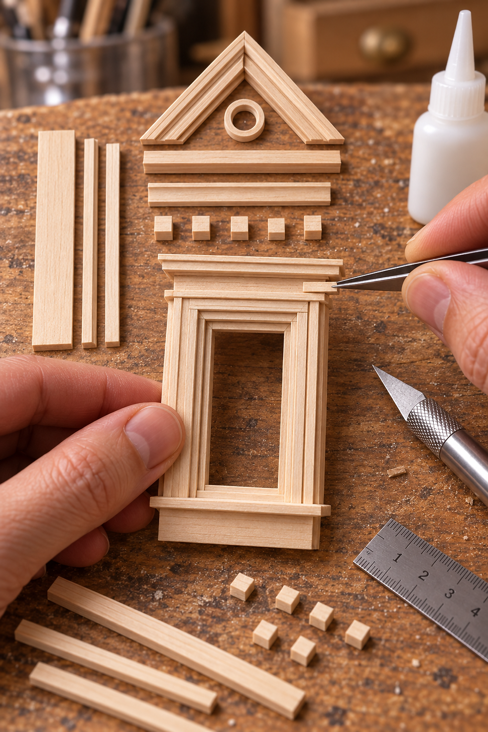 Mini wooden house assembled from popsicle sticks on a workbench, with hands, craft knife, glue, and ruler.