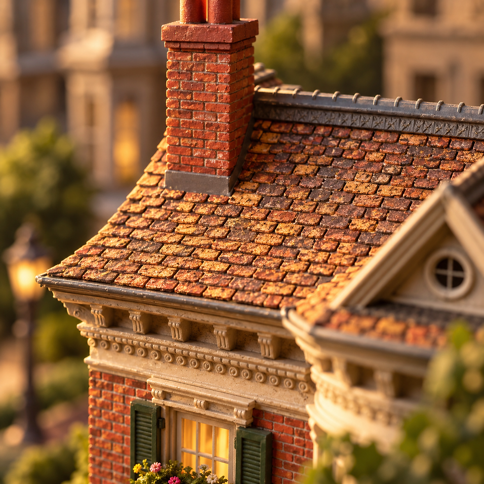 Miniature brick house roof and chimney in warm sunlight, with weathered shingles and glowing window shutters in the background