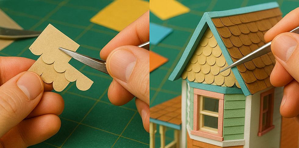 Hands use tweezers to craft a mini paper house, assembling shingles on its roof. Green cutting mat background. Colors: beige, teal, pink.