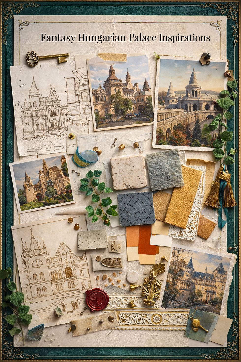 Collage of Hungarian palace sketches, photos, and textures on a board. Text: Fantasy Hungarian Palace Inspirations. Green and gold accents.