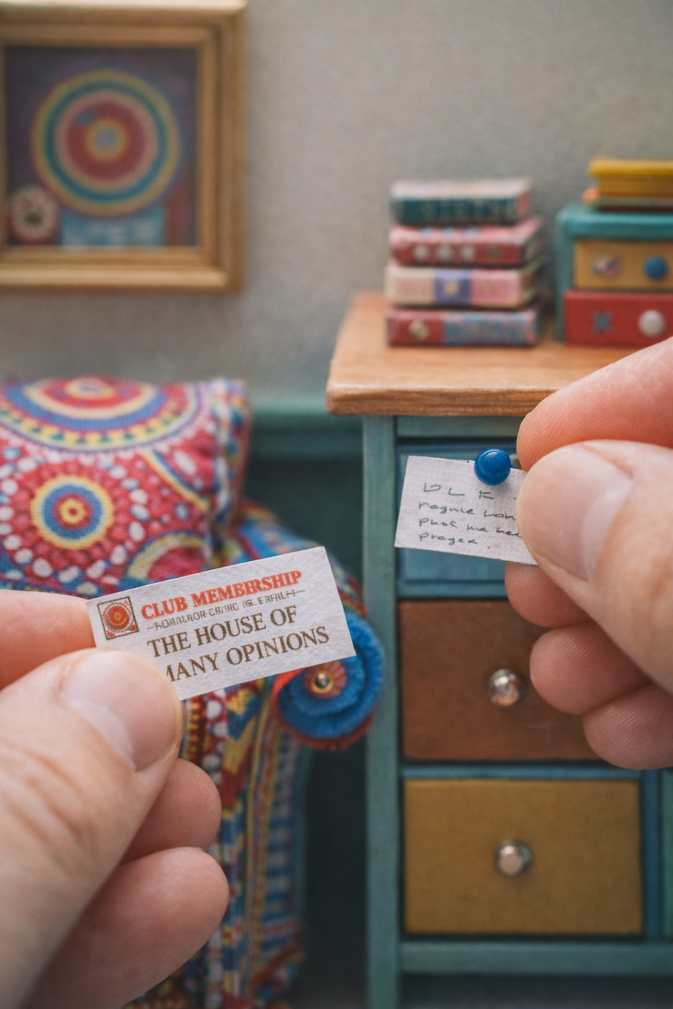 Hands hold a "Club Membership" card and a note pinned above a colorful chest. Background shows a vibrant pattern and framed art.