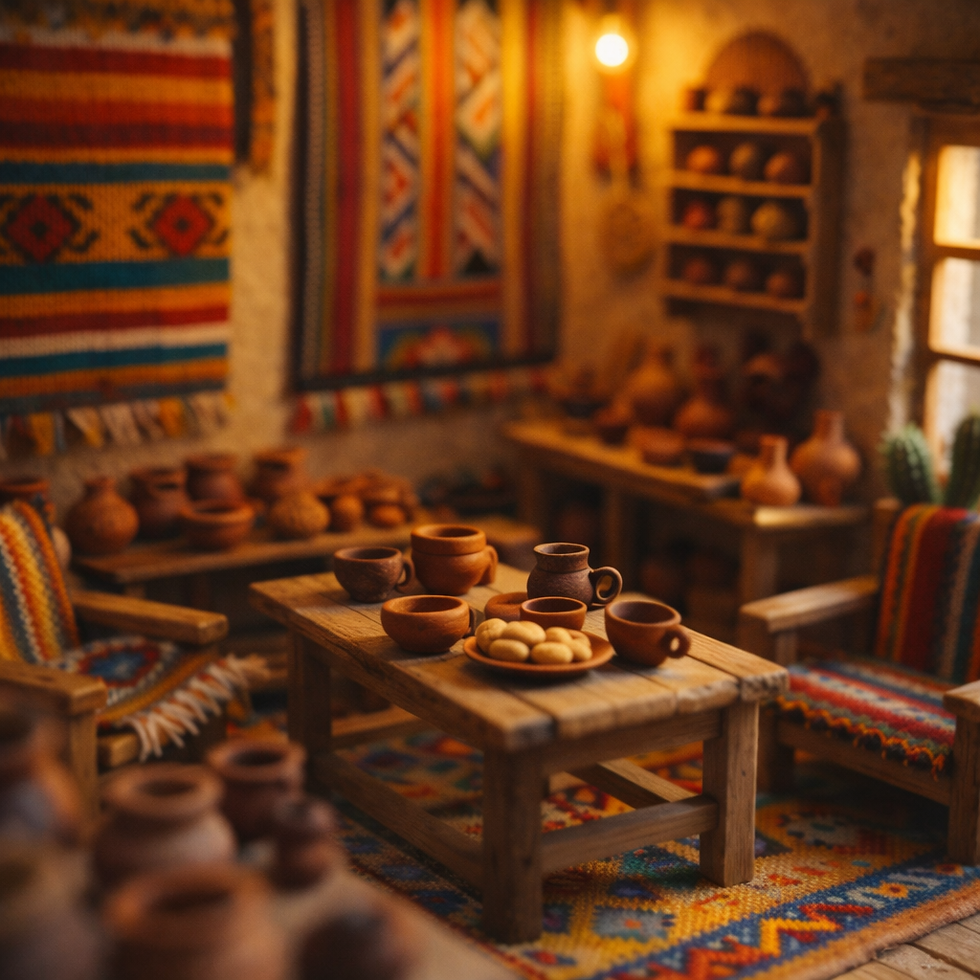 Cozy room with wooden tables, clay pots, and colorful textiles. Warm lighting creates a rustic and inviting atmosphere.
