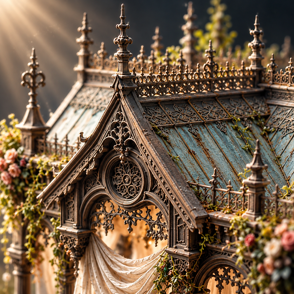 Square macro of the miniature pavilion’s patinated blue-green roof, dark cresting, circular gable tracery and delicate finials.