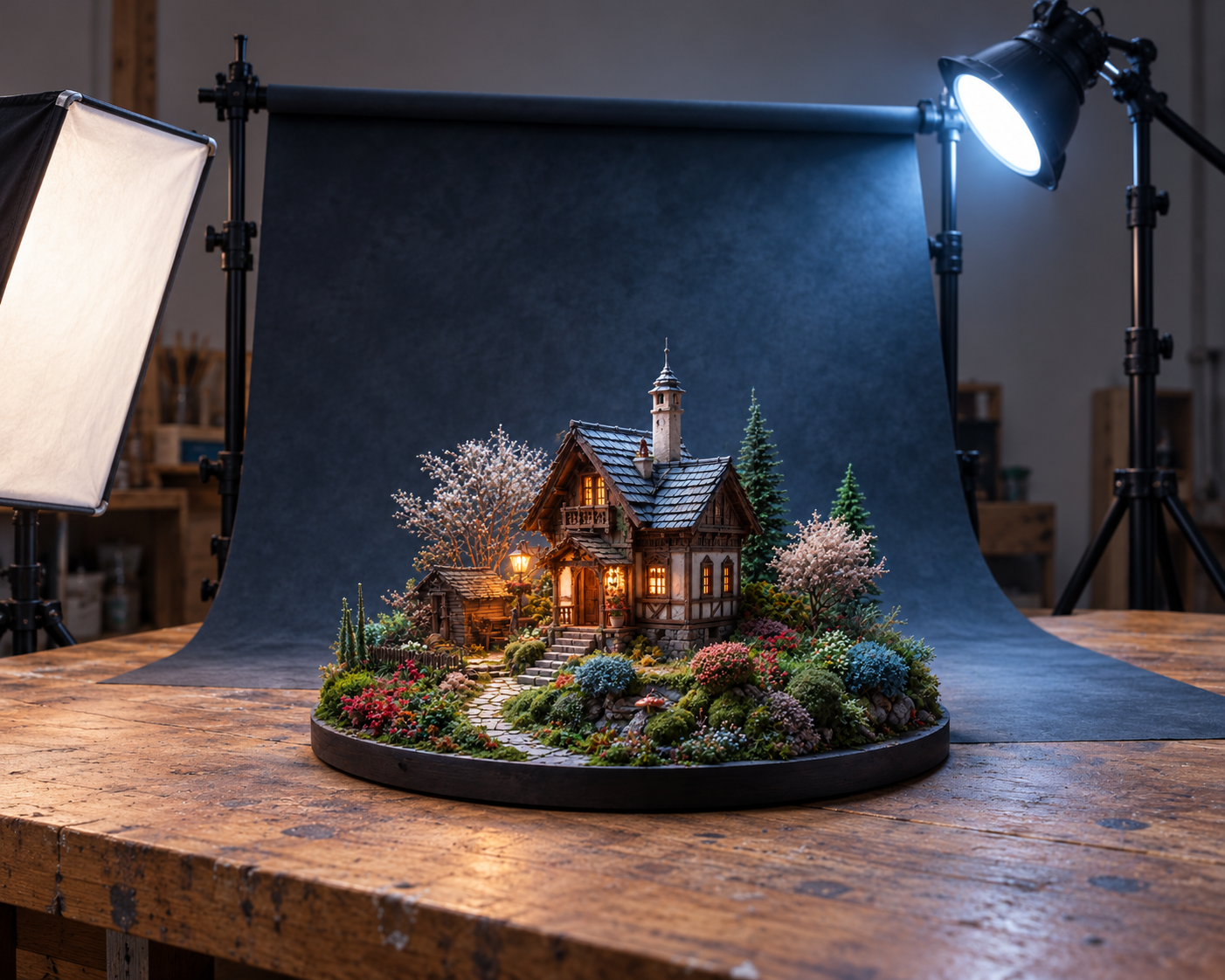 Tabletop photography setup with the finished cottage miniature against a curved charcoal-blue backdrop, high cool light and soft front fill.