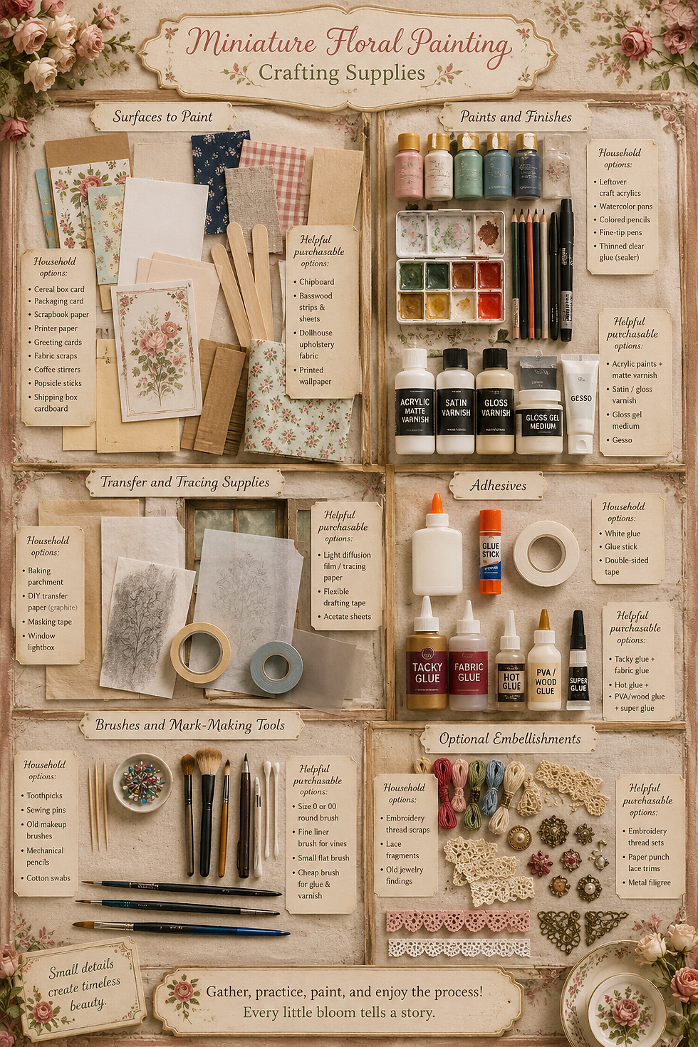 Vintage floral infographic titled Miniature Floral Painting Crafting Supplies, showing papers, paints, glues, brushes, and trims.