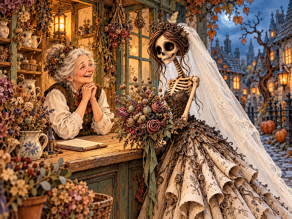 Storybook illustration of Vesper showing her haunted bouquet to the florist.
