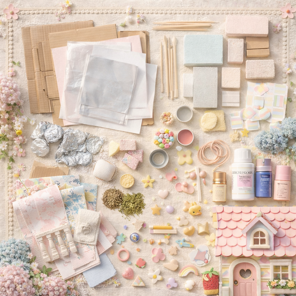 Craft supplies are neatly arranged on a lace tablecloth, featuring paper, flowers, pastel tiles, bottles, and a mini house in a soft, pastel setting.
