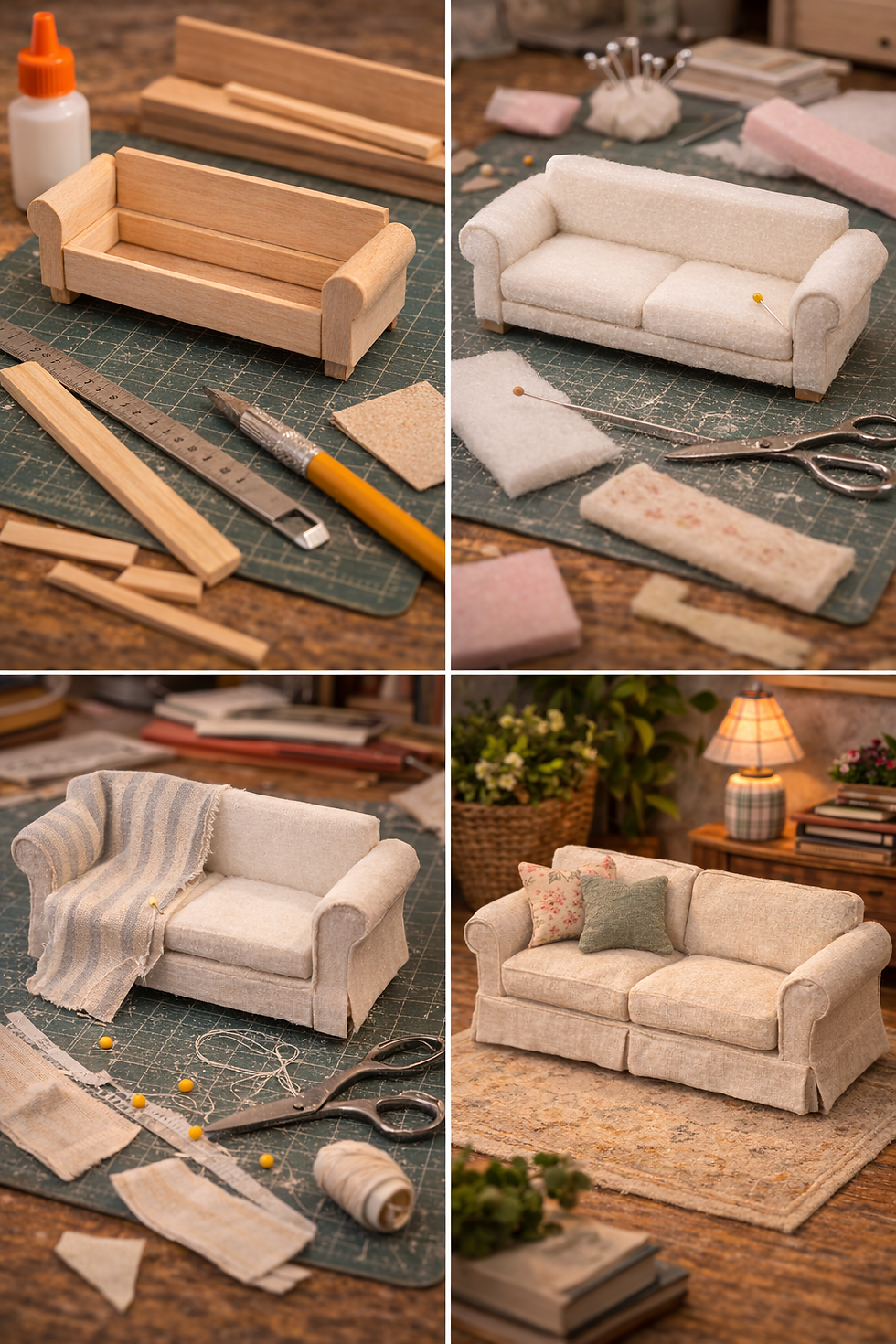 Progression of a miniature sofa construction on a wooden table, with materials, tools, and a cozy setting featuring plants and a lamp.