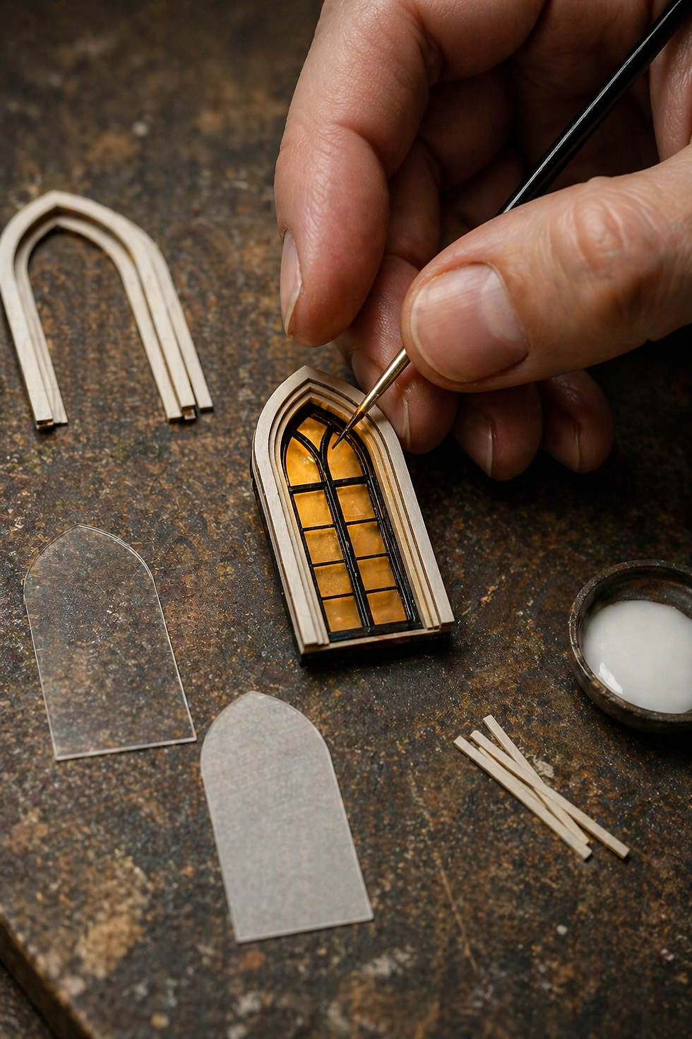 Hand painting a miniature Gothic window frame with black lines. Surrounding are wood pieces and glue on a textured brown surface.