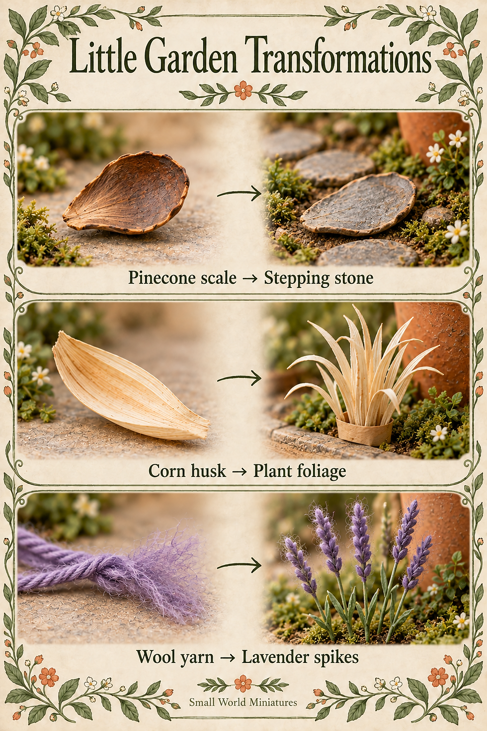 A dry pinecone scale becomes a painted stepping stone, tapered corn-husk strips become plant foliage, and purple wool fibers become lavender spikes.