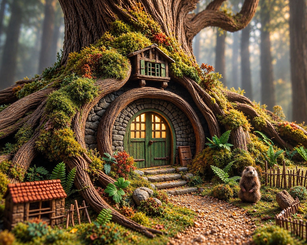 Owner-supplied tree-root miniature home with green amber-glazed double doors, concentric stone arch, three shallow steps, upper timber dormer, red tiled shelter, moss, ferns and rustic fence.