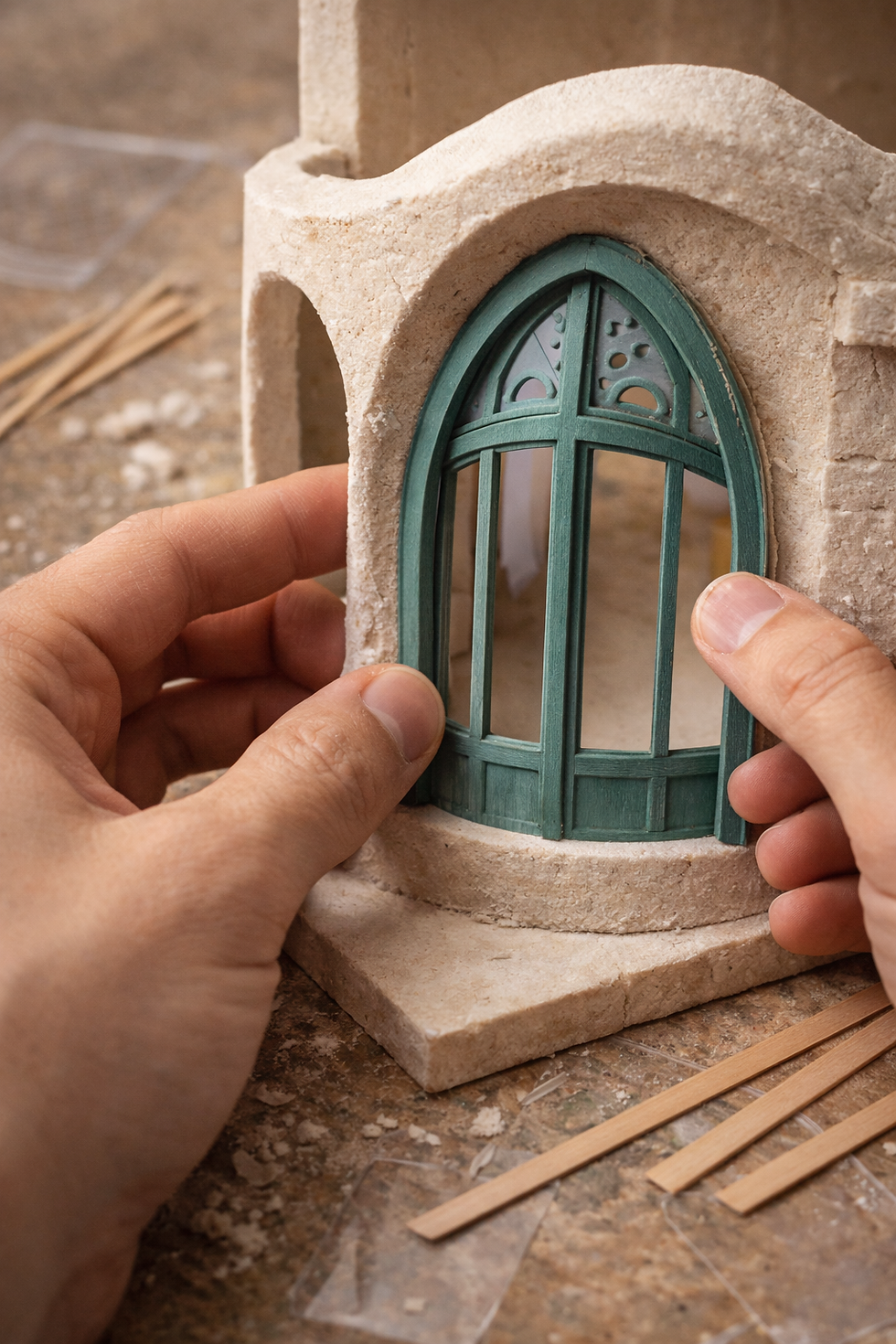 Hands fitting a teal arched window into a small stone structure on a textured surface with wooden sticks around, suggesting a model craft.